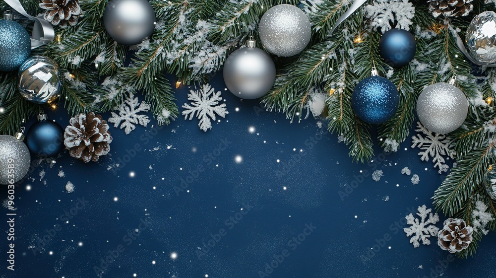 Ornate winter decorations with silver and blue ornaments scattered on evergreen branches with snowy accents created for a festive atmosphere Ornate winter decorations with silver and blue ornaments scattered on evergreen branches with snowy accents created for a festive atmosphere