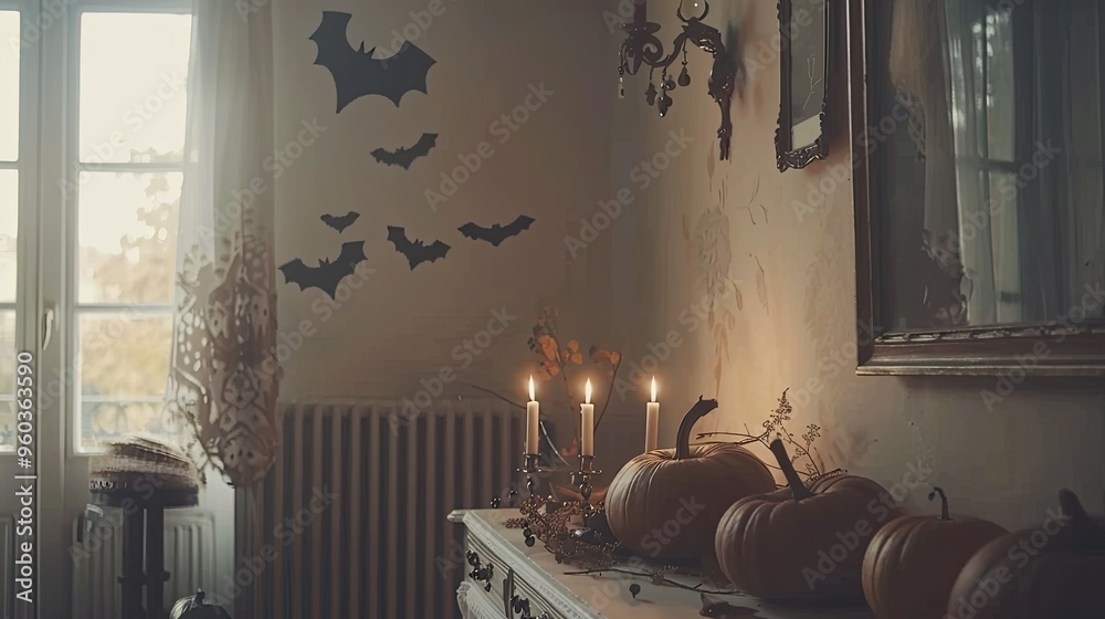 Naklejka premium Halloween-themed entryway console table decorated with pumpkins, candles, and bats on the wall 