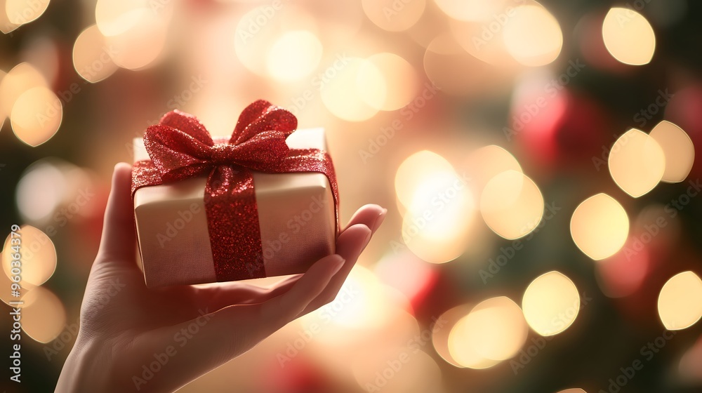 Hand Giving a Gift: A hand extending a beautifully wrapped gift with a bow, against a festive, blurred background.
Hand Giving a Gift: A hand extending a beautifully wrapped gift with a bow, against a festive, blurred background.