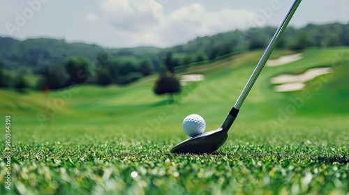 Action shot of a golf club in mid-swing about to hit a golf ball, with the green fairway and well-kept course in the background. 