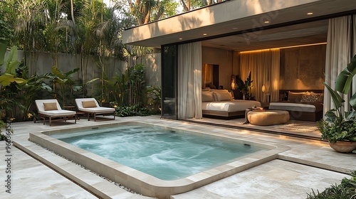 Wallpaper Mural A luxurious hot tub in a resort-style backyard, featuring sleek marble flooring, plush seating, and a poolside cabana with soft, flowing curtains, warm lighting casting a soft glow over the scene, Torontodigital.ca