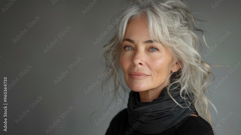 Fototapeta premium A portrait of a stylish elderly woman with gray hair and blue eyes, wearing a dark scarf. She stands against a muted background with an air of elegance and poise.