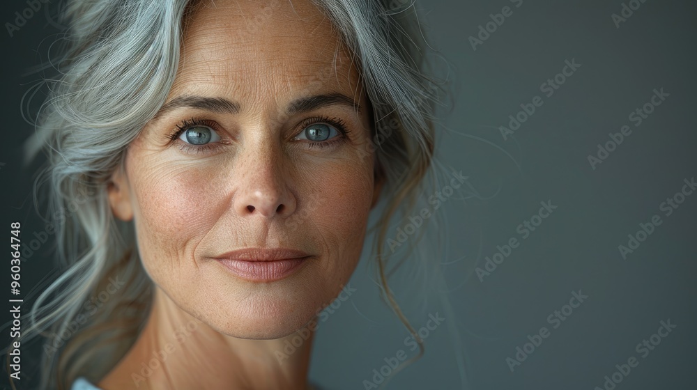 A close-up of a gentle elderly woman with beautifully styled gray hair, bright eyes, and a soft smile. The background is plain, highlighting her serene beauty. A close-up of a gentle elderly woman with beautifully styled gray hair, bright eyes, and a soft smile. The background is plain, highlighting her serene beauty.