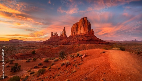 An awe-inspiring desert landscape with towering red rock formations and a dramatic sunset casting vibrant hues across the sky