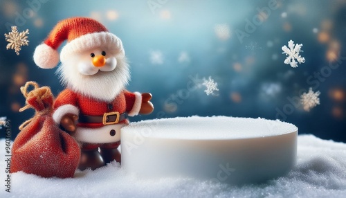 Santa Claus with a bag of gifts standing in the snow. Next to it is a product podium. Christmas background