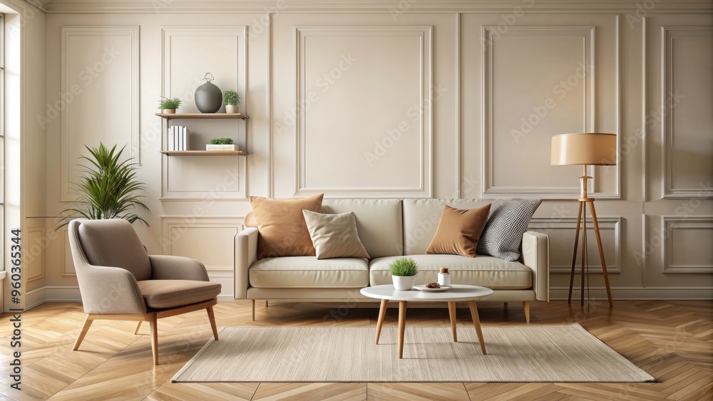 Cozy beige room interior with chair and sofa, room, interior, beige, chair, sofa, cozy, comfortable, modern, home