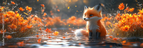 Charming Fox Sitting in a Vibrant Flower Field, Fantasy Style, Orange and Green Colors, Forest Background, Magical and Enchanting Mood