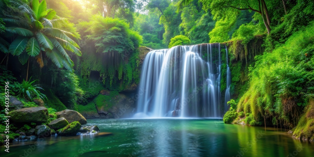 Serene jungle waterfall with lush greenery and cascading water, Nature, scenery, water, waterfall, jungle, serene Serene jungle waterfall with lush greenery and cascading water, Nature, scenery, water, waterfall, jungle, serene
