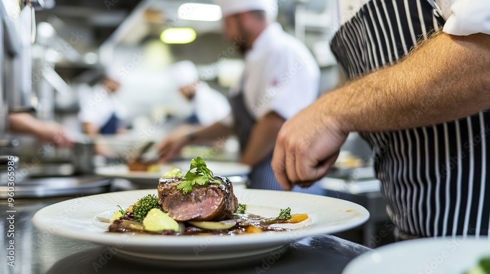 Chefs preparing gourmet lamb dish in a bustling restaurant kitchen during dinner service Chefs preparing gourmet lamb dish in a bustling restaurant kitchen during dinner service