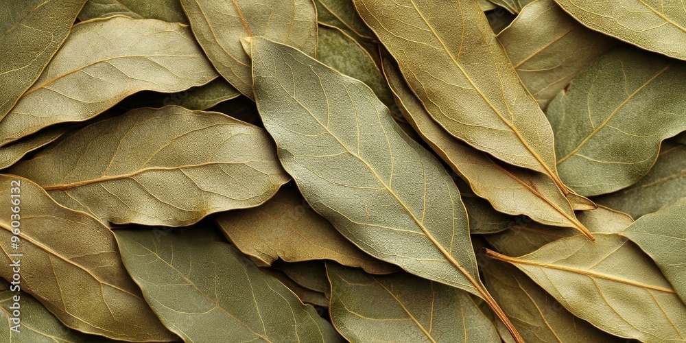A close-up of dried bay leaves. A close-up of dried bay leaves.