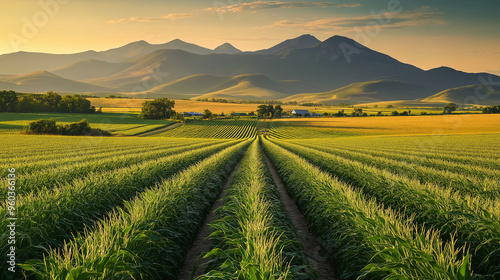 Golden Agricultural Fields with Mountain Backdrop at Sunset