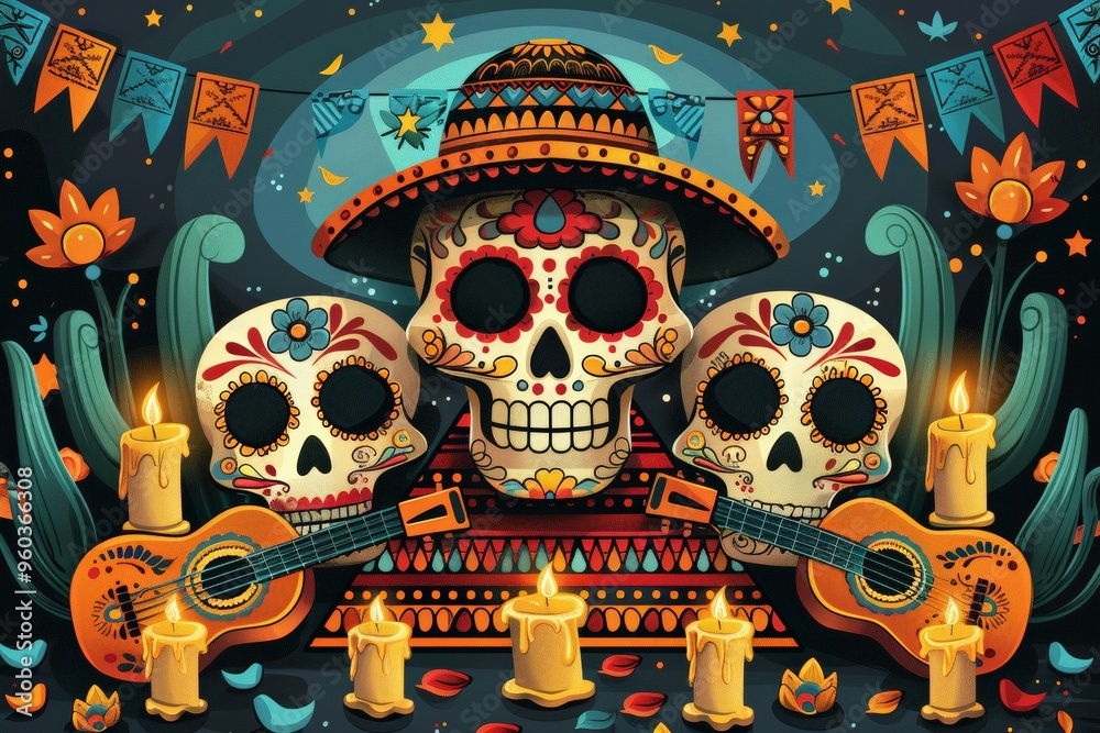 Colorful and festive illustration of Dia de los Muertos with sugar skulls, candles, and vibrant decorations. Colorful and festive illustration of Dia de los Muertos with sugar skulls, candles, and vibrant decorations.