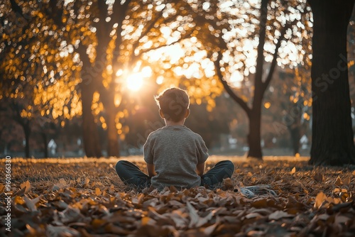 A child sits on the ground, surrounded by fallen leaves, in a park as the sun sets, casting a warm glow through the trees.