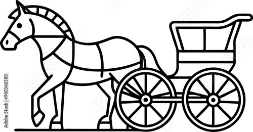 Line Art Drawing of Horse and Carriage in Minimalist Style for Elegant Vintage Design