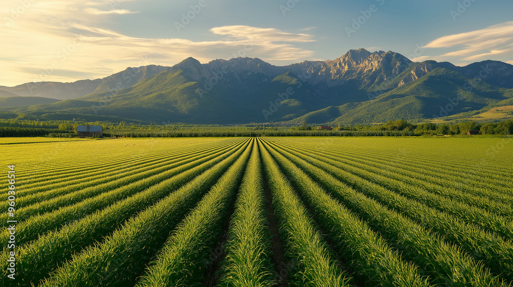Verdant Agricultural Fields beneath Majestic Mountain Range at Golden Hour Verdant Agricultural Fields beneath Majestic Mountain Range at Golden Hour