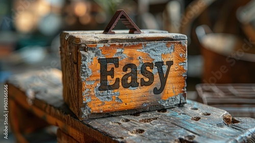 A rustic wooden box with peeling paint features the word Easy, evoking a sense of simplicity and nostalgia in a vintage environment. photo