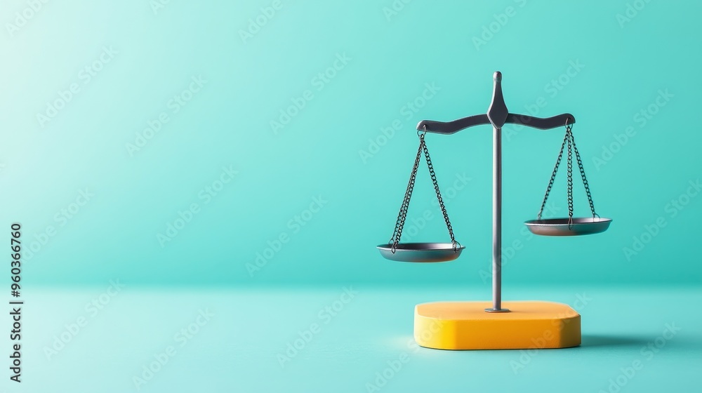 A metal scale of justice on a yellow base against a blue background.