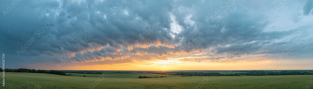 A panoramic view of a field with a dramatic, colorful sunset sky. A panoramic view of a field with a dramatic, colorful sunset sky.
