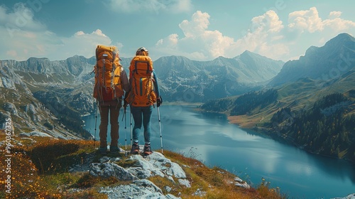 Two hikers with orange backpacks stand on a hill overlooking a serene mountain lake surrounded by rugged peaks and cloudy sky, embodying adventure and natural beauty.