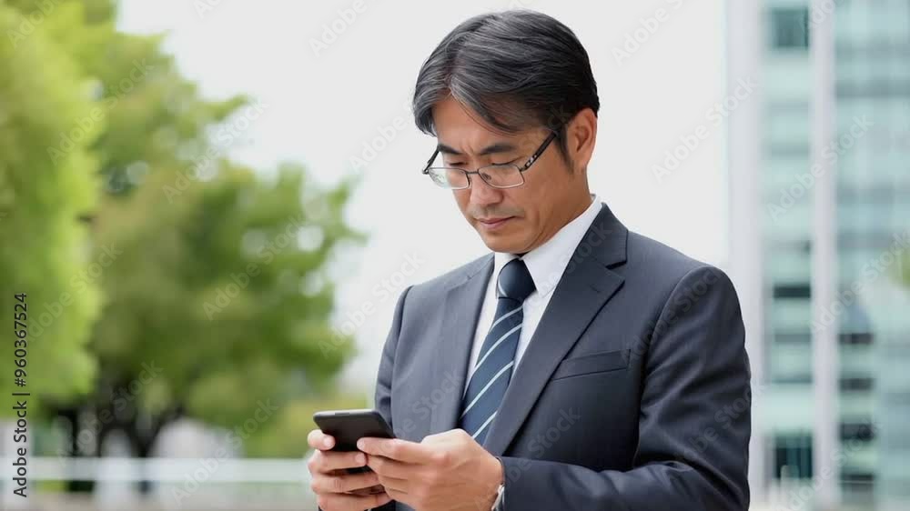 Middle aged Asian businessman using smart phone Middle aged Asian businessman using smart phone