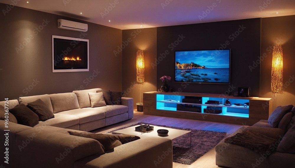 Stylish Media Room Comfortable Seating Large Screen Ambient Lighting 68 Stylish Media Room Comfortable Seating Large Screen Ambient Lighting 68