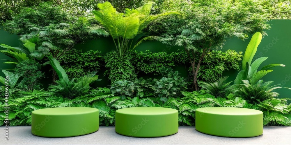 Elegant 3D Forest Podium in Tropical Garden: Nature-Inspired Green Display for Botanical Skincare Marketing. Luxurious Product Showcase with Lush Foliage, Stones, and White Flora. AI-Generated 4K Wall
