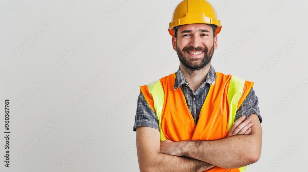 Man wearing a construction helmet and a high-visibility vest, with a cheerful expression Man wearing a construction helmet and a high-visibility vest, with a cheerful expression