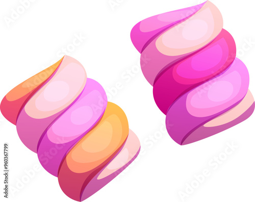 Cartoon valentine two twisted marshmallow candies in vibrant pink, purple, and orange shades. Vector sweets and confectionery dessert with a soft, swirled appearance, fluffy and delicious sweet treat