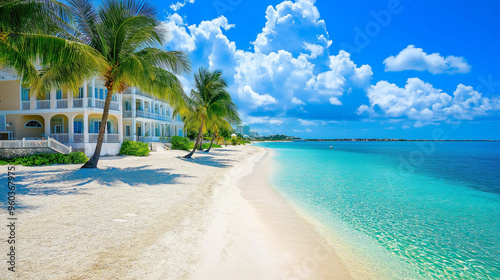 Seven Mile Beach, the most beautiful view, beautiful sandy beach, clear water, beautiful clouds, good weather.