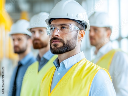 A professional construction worker in safety gear, showcasing teamwork and dedication in a modern industrial setting.