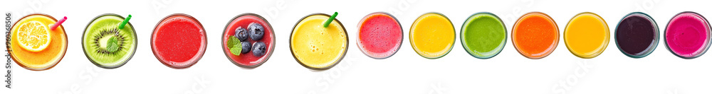 In this flat lay view you can see a variety of fruit smoothies in glass and juice for refreshment, with a background of summer drinks and beverages. In this flat lay view you can see a variety of fruit smoothies in glass and juice for refreshment, with a background of summer drinks and beverages.