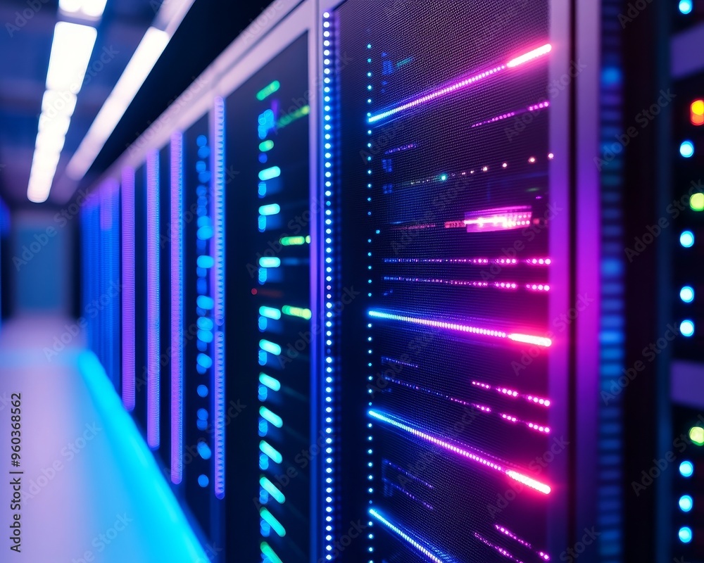 A row of servers with glowing lights in a data center. The servers are arranged in a neat row. A row of servers with glowing lights in a data center. The servers are arranged in a neat row.