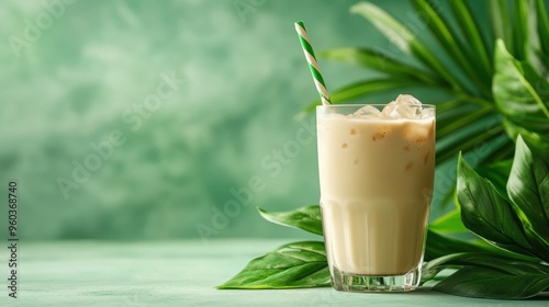 banner idea a glass of iced oat milk with a straw, promoting plant-based milk, with a green leaf backdrop for a refreshing feel