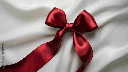 A shiny, elegant red ribbon tied into a perfect bow on a white background with a satin finish, featuring subtle reflections and shadows that emphasize its smooth texture.