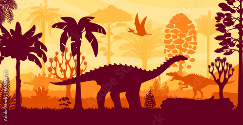 Prehistoric dinosaurs silhouettes in tropical jungle forest and vibrant yellow sky. Vector Jurassic period landscape with lush vegetation and roaming dino animals. Vivid depiction of ancient wildlife
