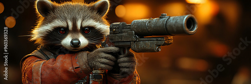 Fearless Raccoon Aiming Ray Gun in Intense Golden-Hued Background with Determined Expression and Futuristic Elements