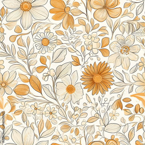 Wallpaper Mural floral and leaf seamless patterns in doodle-style tile designs with graphic format. Torontodigital.ca
