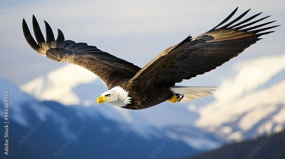 Obraz premium A majestic bald eagle soars over mountains during a clear, sunny day in the wilderness, showcasing its incredible wingspan and fierce beauty