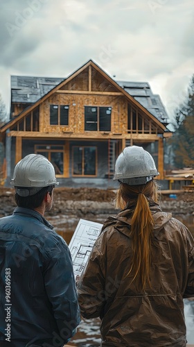 Construction Workers Reviewing House Plans at New Home Building Site