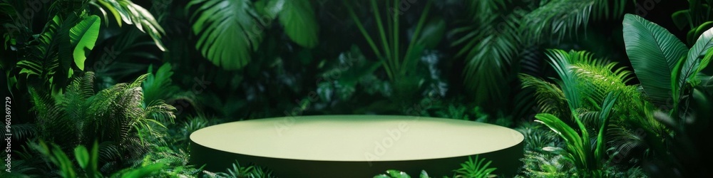 Elegant 3D Forest Podium in Tropical Garden: Nature-Inspired Green Display for Botanical Skincare Marketing. Luxurious Product Showcase with Lush Foliage, Stones, and White Flora. AI-Generated 4K Wall