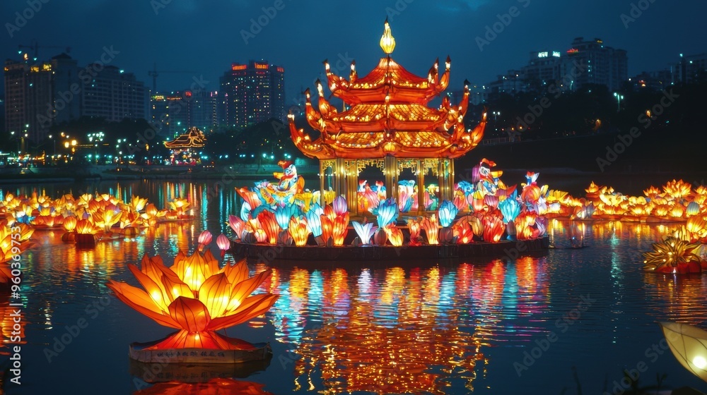 Obraz premium Vibrant Riverside with Illuminated Lanterns and Pagoda at Night