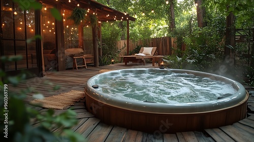 A rustic hot tub on a wooden deck surrounded by vibrant greenery, vintage string lights casting a warm glow, steam drifting into the cool evening air,