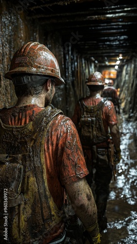 Dirty Miners Walking in Tunnel