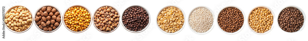 An isolated flat view of colorful bowls with cereal flakes inside, for breakfast or lunch. An isolated flat view of colorful bowls with cereal flakes inside, for breakfast or lunch.