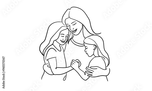 Mother hugs childs continuous line art drawing isolated on white background. Mothers day. Vector illustration	