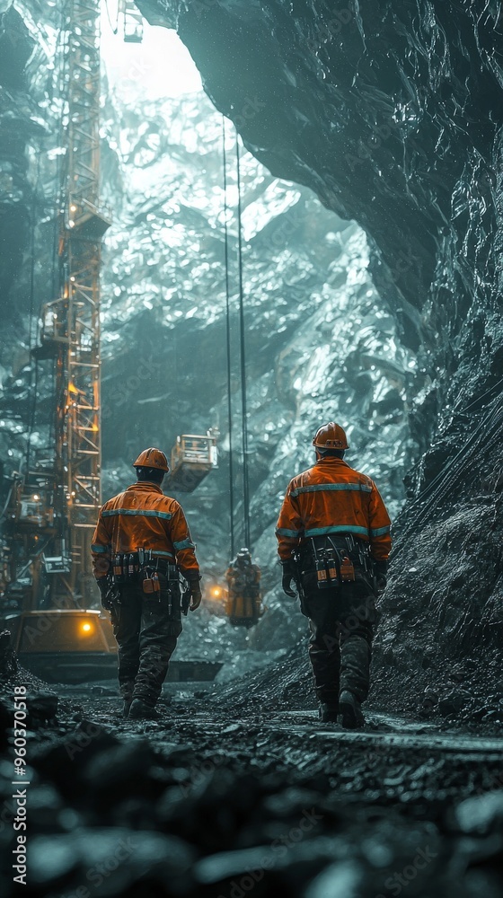 Fototapeta premium Mining Workers Walking Through Tunnel With Heavy Equipment