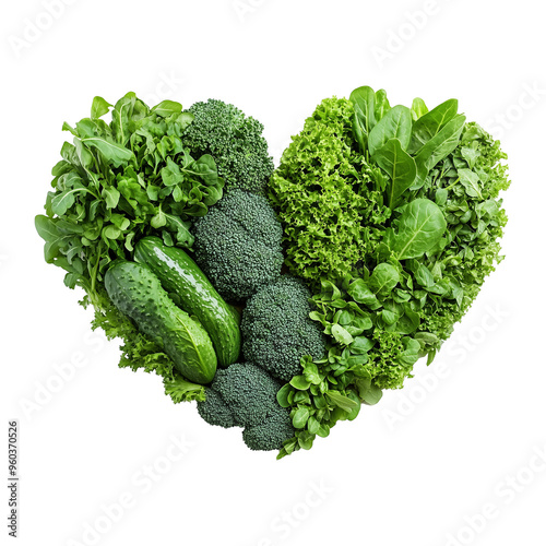 Heart-Shaped Green Vegetables, Including Broccoli and Cucumbers, Representing Health and Nutrition on a transparent background. png file

