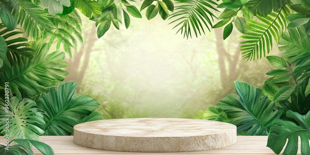 Elegant 3D Forest Podium in Tropical Garden: Nature-Inspired Green Display for Botanical Skincare Marketing. Luxurious Product Showcase with Lush Foliage, Stones, and White Flora. AI-Generated 4K Wall