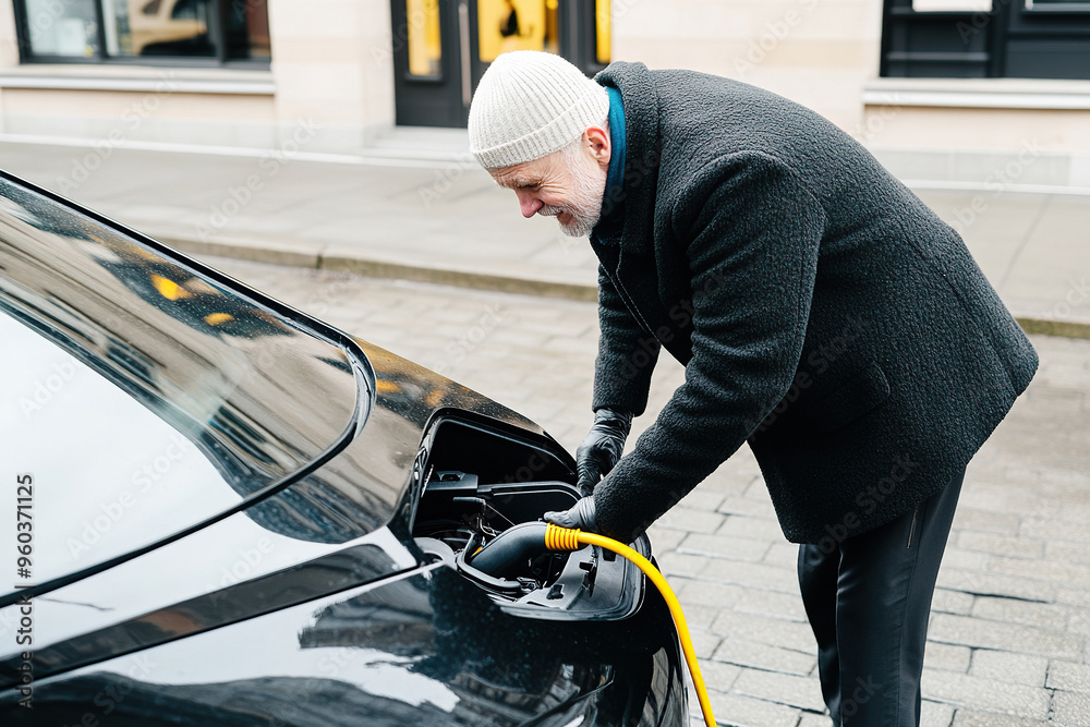Fototapeta premium Elderly man charging electric vehicle on city street