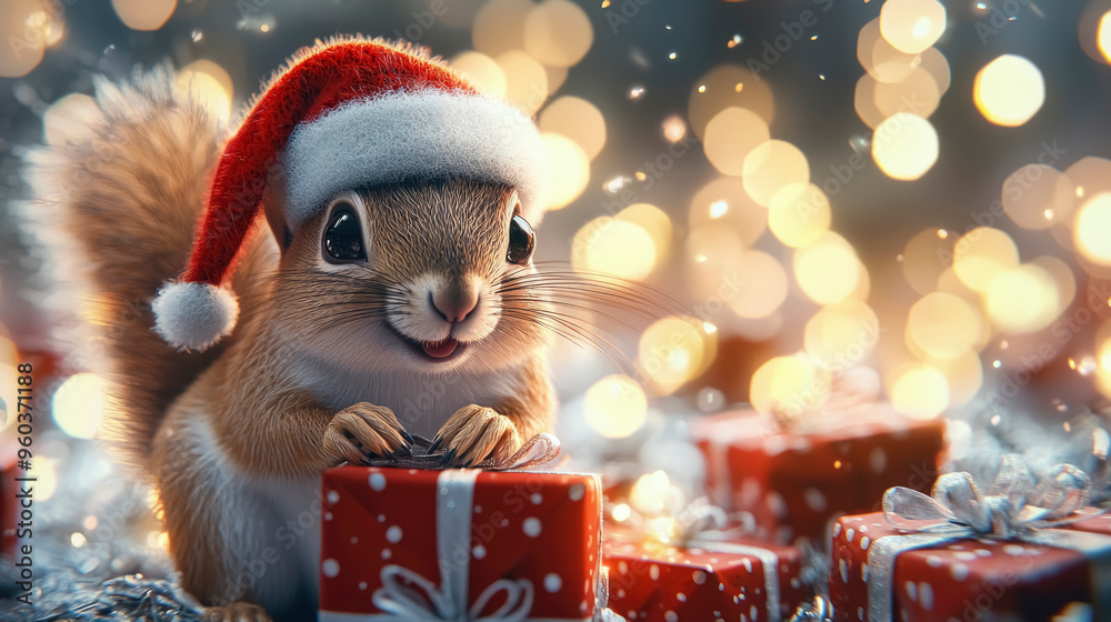 Squirrel in a Santa hat poses cheerfully among holiday gifts and pine cones, surrounded by twinkling lights during the festive season Squirrel in a Santa hat poses cheerfully among holiday gifts and pine cones, surrounded by twinkling lights during the festive season